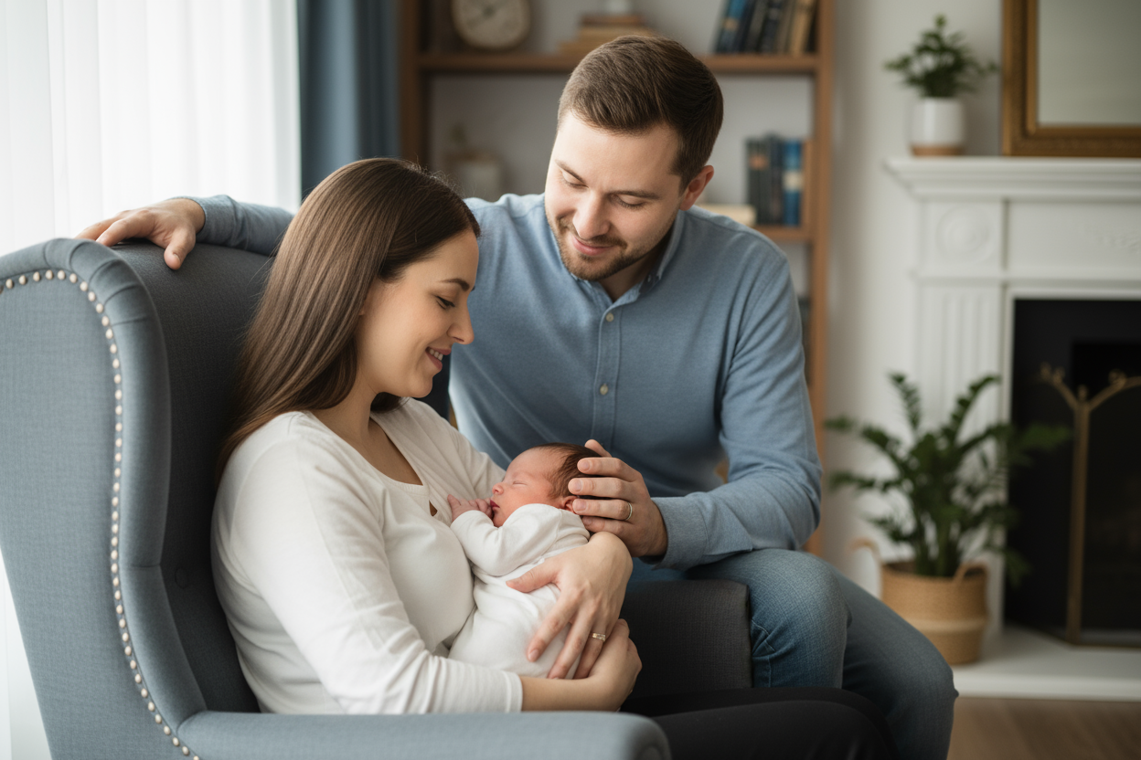 Ils sont dans un fauteuil à oreilles, au moins la maman et le bébé, le papa reste proche d'eux, les entourant d'un regard pprotecteur
